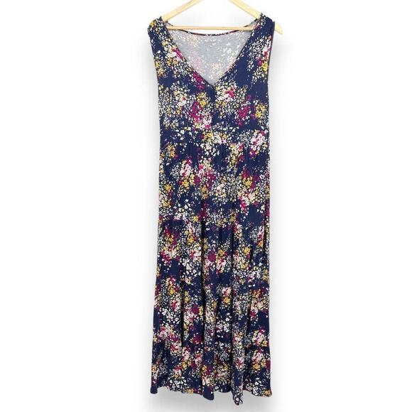 Garnet Hill Navy Blue Floral Maxi Dress With Tiered Hem V Neck Women's M - Picture 1 of 7
